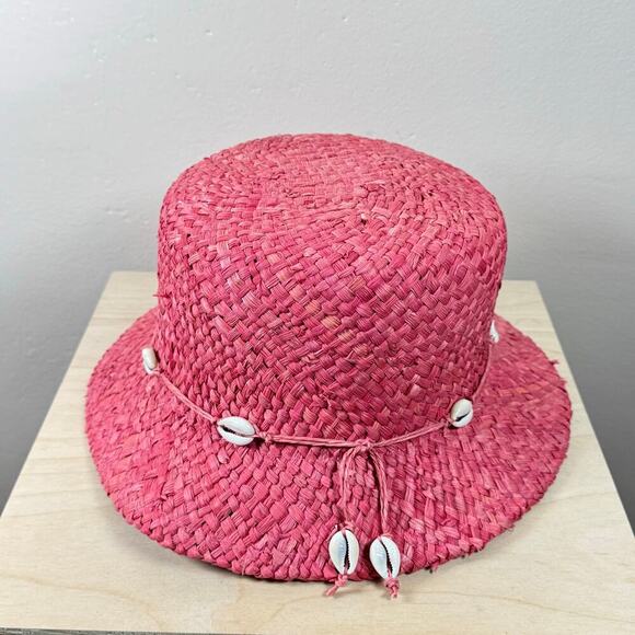 Straw Bucket Hat Dorfman Pacific Co Woven Paper Pink Conch Beach Y2K 90s - Picture 1 of 6